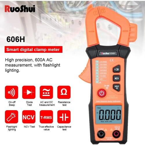 RuoShui606H Digital Clamp Meter 60A-600A AC/DC Current Tester True RMS Auto Range Resistance Diode Continutity Buzzer Multimeter