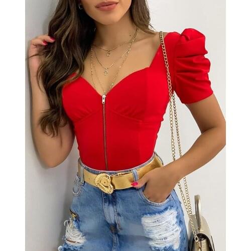 2021 Women Summer Fashion Puff Sleeve Zip Front Top Solid Casual Sexy Square Neck Short Sleeve Female Top