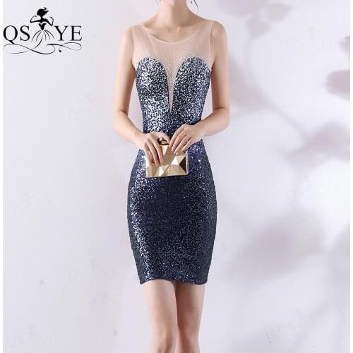 Fade Blue Short Evening Dresses Sequin Sleeveless Prom Gown Sheath Scoop Neck Formal Dress Navy Nude Shoulder Women Dress Short