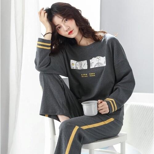 Woman Lovely Wear Leisure Clothes Personality Spring Autumn Dark Gray Print Long Sleeve Women Pajamas For Women Pyjamas Set