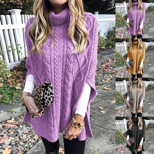 Women Autumn Solid Color Turtle Neck Twist Braid Knitted Shawl Sweater Pullover Women Clothing
