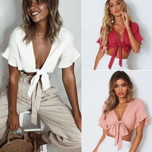 2020 New arrival Hot Sexy Women Casual T-shirt Tops Vest Bow Deep V Neck Sleeve Top