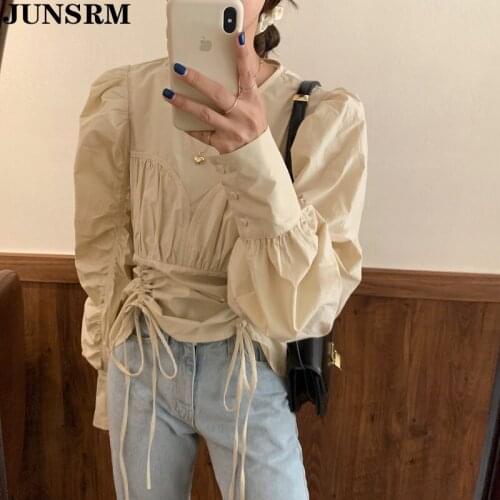 Retro Drawstring Waist Design Stitching Fake Two-Piece Shirt Women 2020 New Autumn Puff Sleeve Korean Blouse Tops Female Shirts