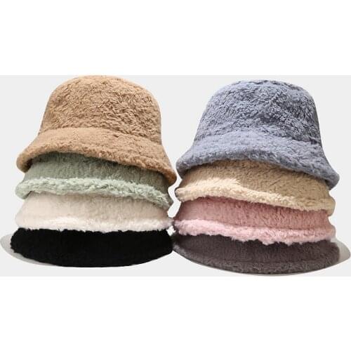 Winter Outdoor Vacation Lady Panama Black Solid Thickened Soft Warm Fishing Cap Faux Fur Rabbit Bucket Hat Women Hairy