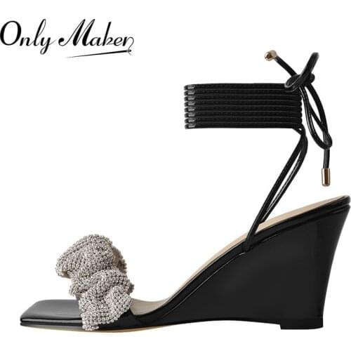 Onlymaker Square Toe Sandals Women 2021 Lace Up Wedges Heel Crystal Decoration Ankle Strap Patent Leather Summer Sandals