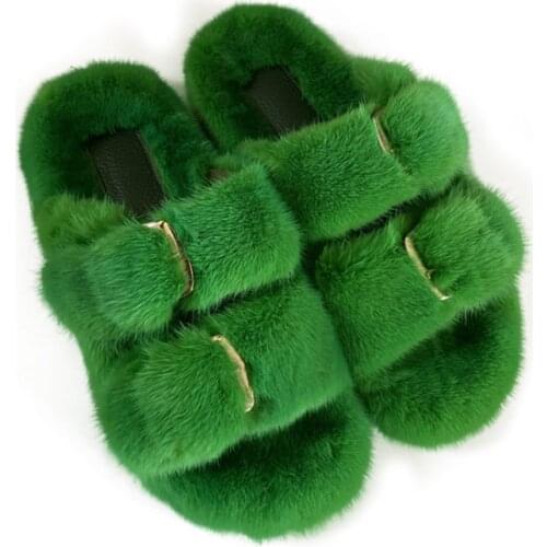 Ladies Mink Slippers Luxury Fashion Fur Slippers Outdoor Travel Womens Sandals Designer Slides Green Shoes For Women Cute Shoe