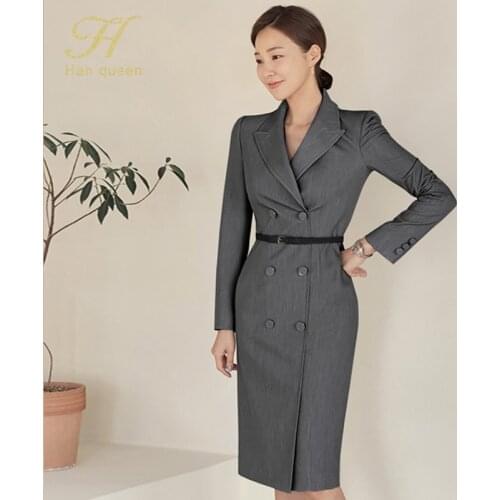 H Han Queen Korean Elegant OL Pencil Dress Suit Collar Double Breasted Women Autumn Sheath Bodycon Dresses Party Vestidos