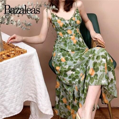 Bazaleas Vintage Tube Top Women Midi Dress Chic Lemon Floral Print Dress Retro Dresses Sexy Vestidos