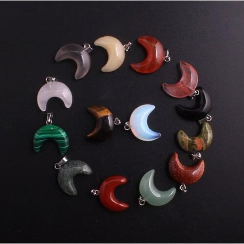 24pcs Natural Stone Moon Shaped Necklace Pendants Beads For Jewelry Making Crystal Quartz Oynx Sodalite Unakite Healing Pendulum