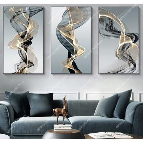 Abstract Black Gold Lines Wall Painting Modern Canvas Poster Print Nordic Wall Art Pictures for Living Room Bedroom Home Decor