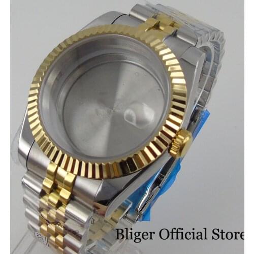 BLIGER Two Tone Gold 36mm/39mm Watch Case Gold Fluted Bezel See-though Glass Back fit NH35A Jubilee Band Screwdown Crown