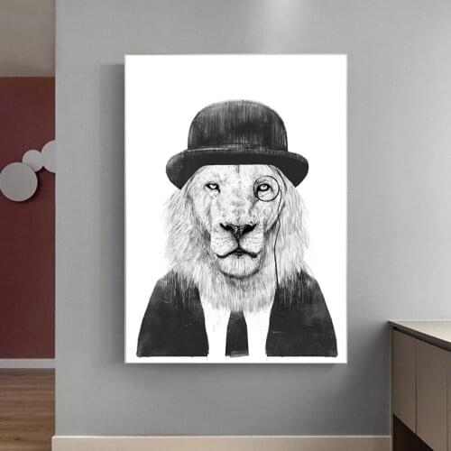 Black and White Artist Sir Lion Painting Canvas Abstract Art Flower Hat Wild Animal Posters and Prints Modern Living Room Decor