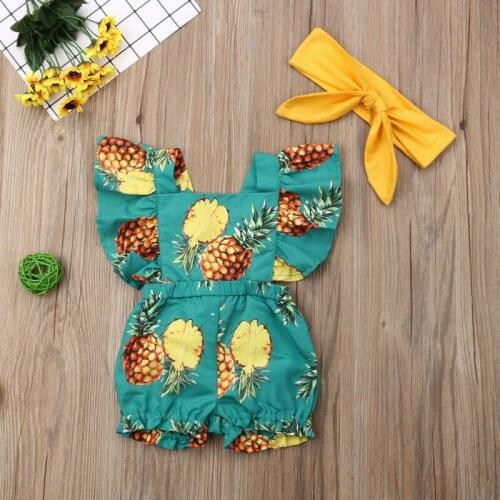 Toddler Kids Baby Girl Sleeveless Romper Jumpsuit Fruit Print Ruffle Outfits Clothes Headband Summer Infant 2Pcs Set