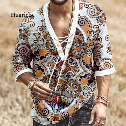 Men Fashion Half Sleeve V Neck Floral Print Chest Lace-Up Shirt T-Shirt Top Casual Male Tees Loose Fashion Tops