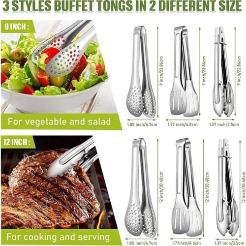 HGHO 6 Pcs Buffet Tongs Set Stainless Steel Food Serving Tongs 3 Styles for Cooking Grilling Salad Buffet Kitchen