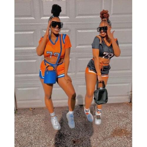 2 Pieces Sportswear Set Number Print U-Neck Short Sleeve Crop Tops Short Pants Outfit Sport Jogging Biker Ladies Tracksuit