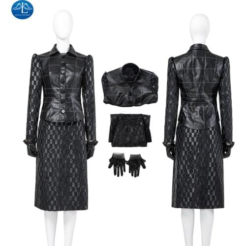 Cruella Cosplay Costume Black Coat Outfits Halloween Adult Women Coat Skirt Outfits White Black Wig Full Set Demon Costumes