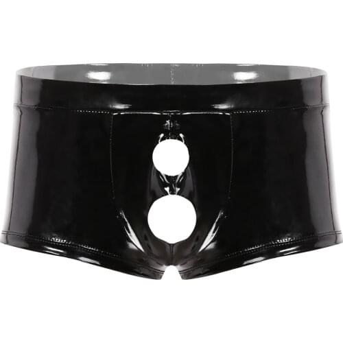 Mens Erotic Lingerie Underwear Wet Look Patent Leather Underpants Low Rise Bulge Pouch with Two Holes Sexy Boxer Briefs Shorts