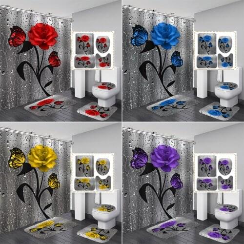Multiple Colors Rose Butterfly Shower Curtains Waterproof Water Drop Flower Bathroom Curtain and Rug Set Toilet Cover Home Decor