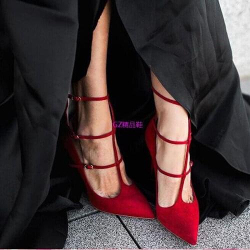 New Brand Womens Pumps Heels Stiletto Pure Color T-shaped Pointed High Heels Pumps Red Suede Party Wedding Shoe Sexy Sandals