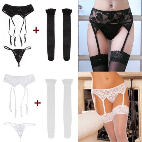 New Fashion Women Kawaii Babydoll with Temptation Suspender Garter Belt Sexy Lace Fishnet Thigh High Stockings