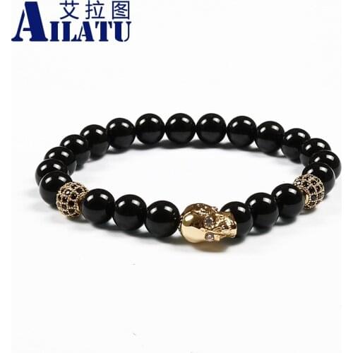 Ailatu New Design Men' Favorite 8mm Black Onyx Stone Beads with Micro Inlay Cz Ball&Cool Skull Charm Bracelet