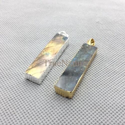 Wholesale Jewelry Charm Labradorite Pendant Silver Or Gold Electroplated Rectangle Bar Charm In 40*10 mm PM4348