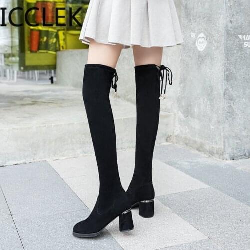 Autumn Winter Over The Knee Boots Lace Up Woman Shoes Stretch Fabric Women Thigh High Sexy Round Toe Square Heel Flock Platform