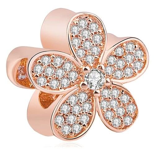 Genuine 925 Sterling Silver Charm Rose Gold Dazzling Daisy With Crystal Beads Fit Pan Bracelet & Necklace Diy Jewelry