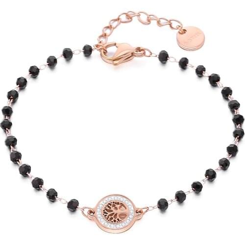 Clear Crystal Tree Of Life Charms Bracelet For Women Stainless Steel Black Beads Bracelets Female Jewelry Gift Pulseira Mulher