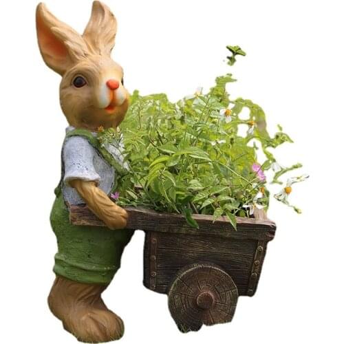 Garden resin bunny rabbit decoration cartoon animal rabbit outdoor garden landscape sculpture cart planting pots