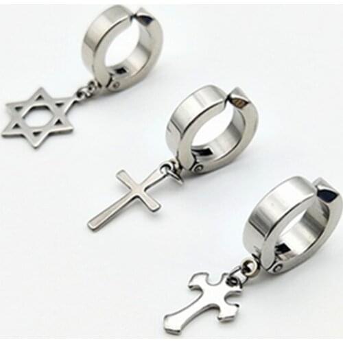 2 Piece Punk Cross Stars Pendant Round Earrings For Women Rock Men Simple Stainless Steel Hiphop Stud Earrings Jewelry