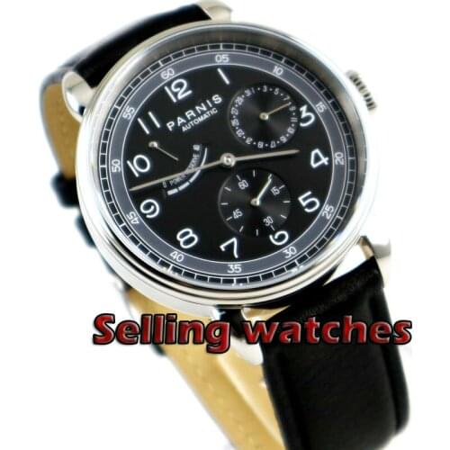Solid 42mm PARNIS mens watch DATE Power reserve black dial polished case Automatic movement wrist watch
