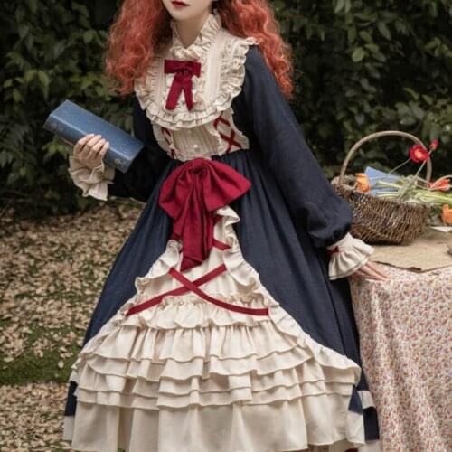 Spring/Autumn Japanese Girl French Retro Bowknot Lolita Girly Dress Cream Angel Gentle Fairy Lolita Sweet Kawaii Mori Girl Dress