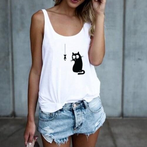 Summer Loose Cat Printed Tank Tops Women Backless Animal Printing Tops WDC4738