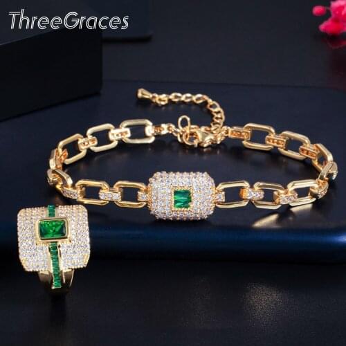 ThreeGrace Classic Gold Color Iced Out Link Chain Bracelet and Ring Set for Women Green CZ Crystal Cuban Fashion Jewelry S527