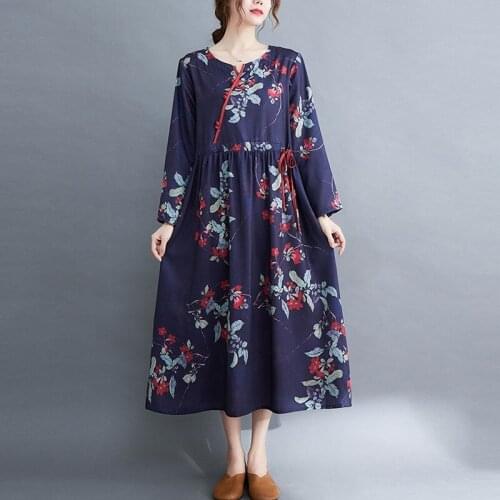 Ladies Elegant A-line Long Dress New 2021 Autumn Vintage Style Floral Print Loose Female Cotton Linen Casual Dresses B1168