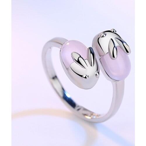 100% 925 sterling silver fashion natural pink opal gem rabbit ladies`finger rings jewelry girl party ring wholesale no fade