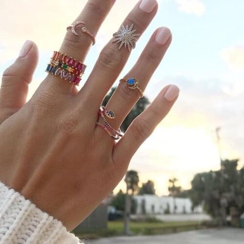 2021 High Quality Open Size 7 Rainbow Colorful Cubic Zirconia Multi Wrap Women Full Finger Snake Shaped CZ Rings Fashion Jewelry