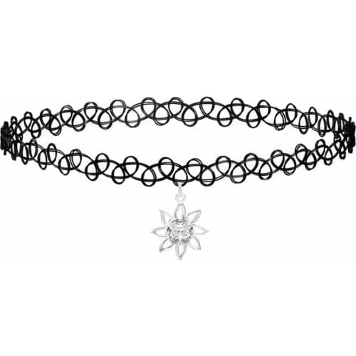 QIMING New Design Inspired Plain Black Choker Necklace Gothic Handmade With Sun Flower Charm For Women Collares Mujer