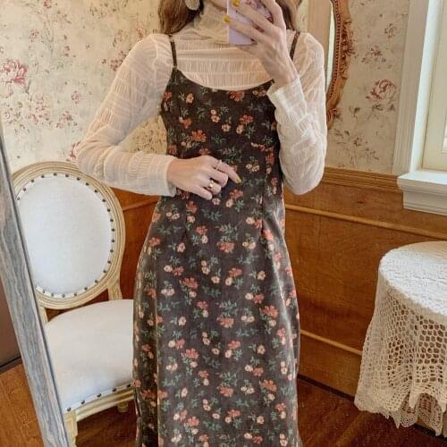 Women Dresses Single Autumn Winter Retro Floral Slim-Fitting Corduroy Suspender Dress Long Sleeve Chiffon Shirt