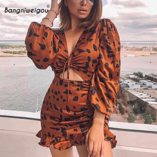 Bangniweigou Drawstring Ruched Ruffle Party Dress Women Autumn Long Sleeve Leopard Animal Print Pleat Bodycon Club Dress Coffee