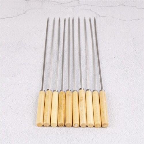 10PCS/lot 35CM Barbecue Needle BBQ Skewers Hot Handle With Handle Wood Stainless Steel Flattened Rounded Sign Optional Meat