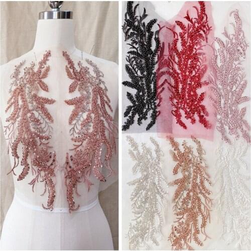 Beading Sequins 3D Decals Mirror Flower Lace Fabric Wedding Dress Evening Dress Front Chest Back Applique Patch Decoration V2559