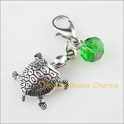 8Pcs Tibetan Silver Tortoise Charms Pendants Green Crystal Beads Lobster Clasp
