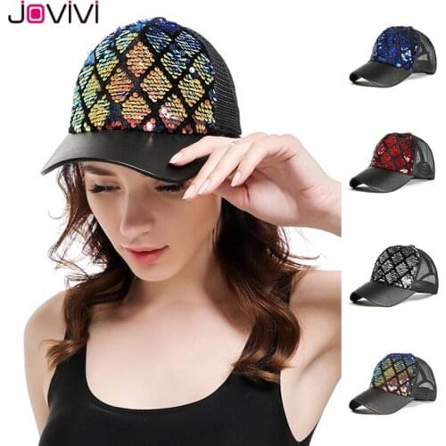 Jovivi Newest 1pc Men Women Mermaid Magic Sequin Adjustable Baseball Cap Hip Hop Snapback Hat Mesh Trucker Sun Hat Cap 4 Colors