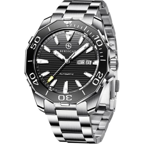 BERSIGAR Top Brand Mechanical Wristwatch Luxury Sapphire Glass Automatic Watch Stainless Steel Waterproof Sport 100M Watches Men