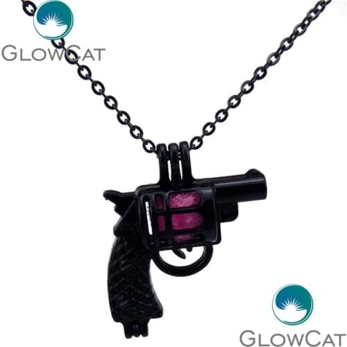 HH11 Gun Black Pistol Beads Cage Essential Oil Pearl Cage Aromatherapy Locket Necklace Steampunk Party Jewelry
