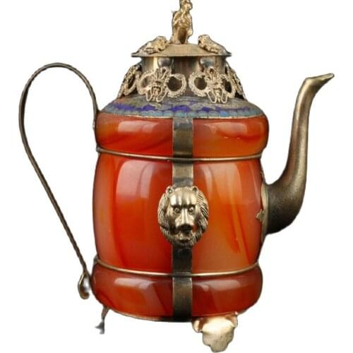 Collectible Decorated Old Handwork Jade Cloisonne Tibet Silver Dragon Tea Pot