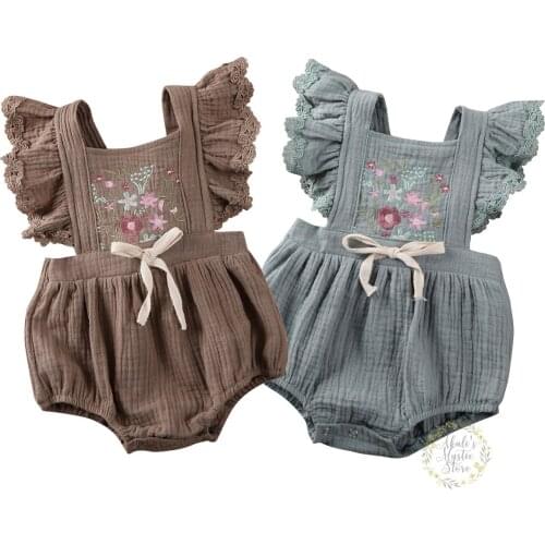 0-18M Newborn Infant Baby Girl Ruffle Romper Flower Embroidery Jumpsuit Soft Toddler Baby Girls Costumes Summer Vintage Clothes